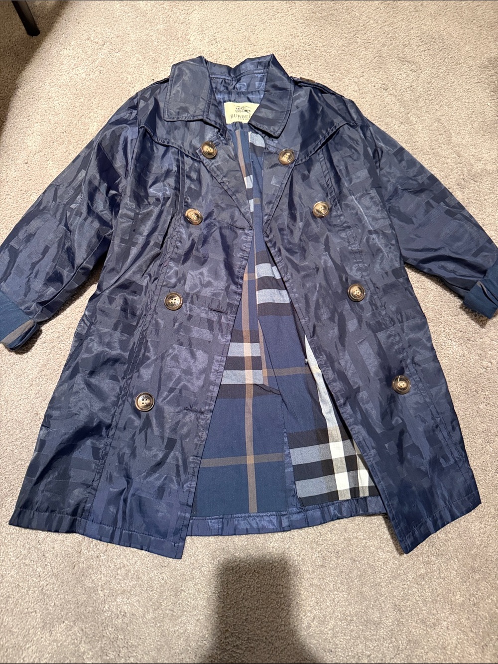 Navy Kids Double‑Breasted Raincoat with Check Lining